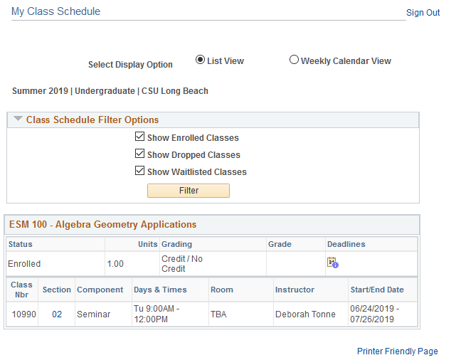 Screen shot of page displaying My Class Schedule