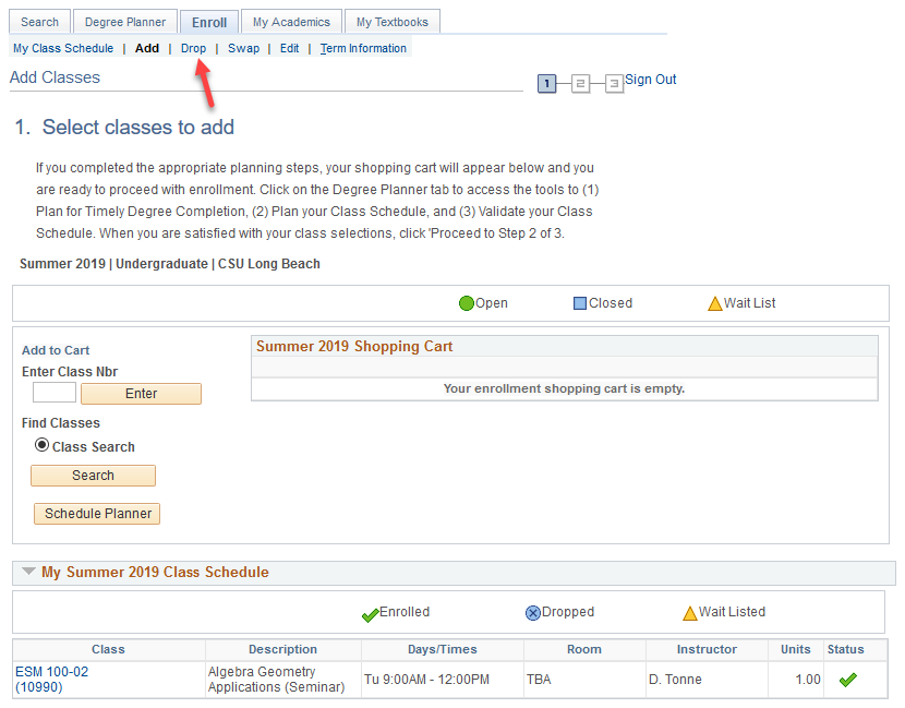 Screenshot of the Enroll tab in Student Center, with an arro