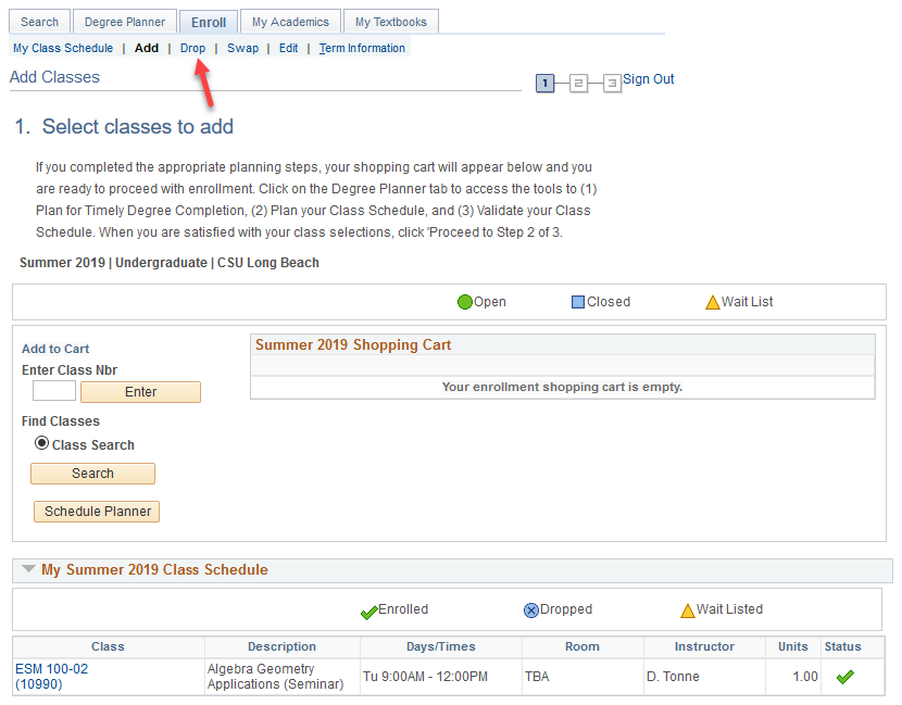 ees14.png Screenshot of the Enroll tab in Student Center, with an arro