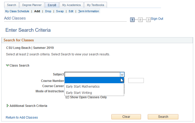 ees4.png Screen shot Class Search, displaying Course Subject drop dow