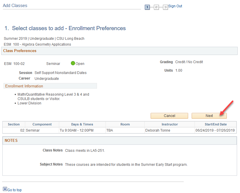 ees6.png Screen shot of Class Search Results Enrollment Preferences p