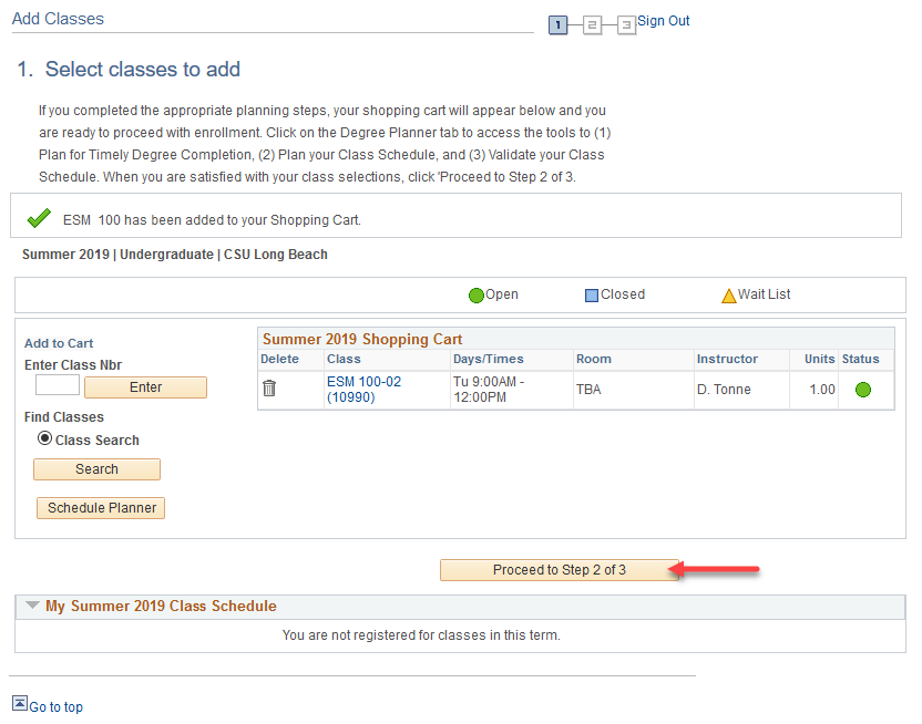 ees7.png Screen shot indicating class added to Shopping Cart and Proc