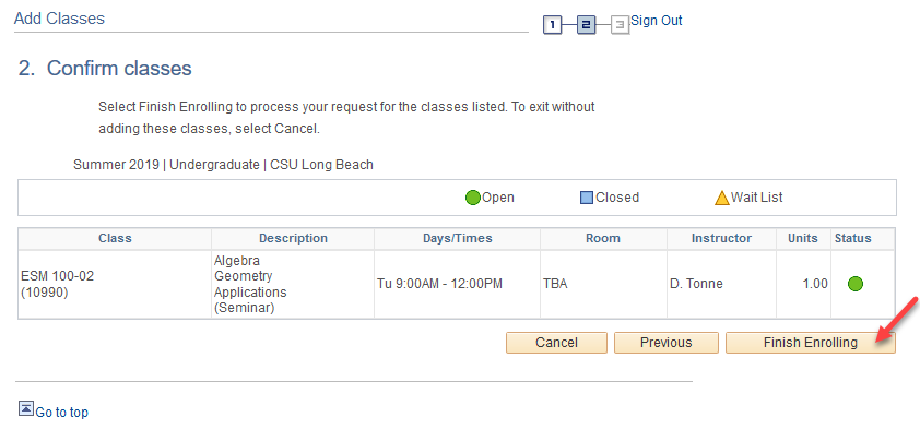 Screen shot of Confirm Classes page and Finish Enrolling but