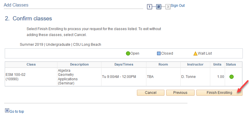 ees8.png Screen shot of Confirm Classes page and Finish Enrolling but