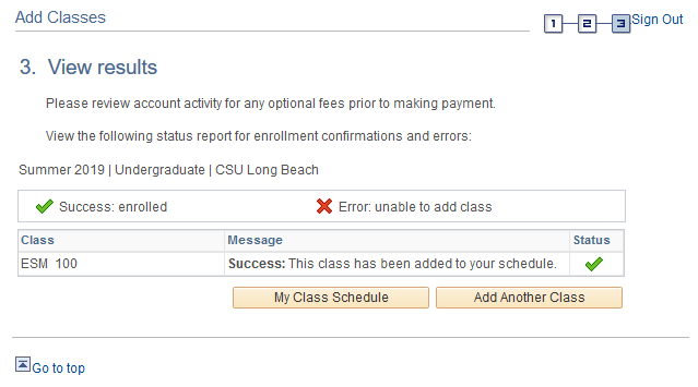 Screen shot of Enrollment Request Status message