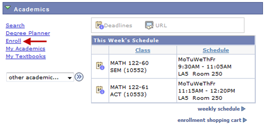 enroll1.png Screen shot of the Academics section on the Student Center,
