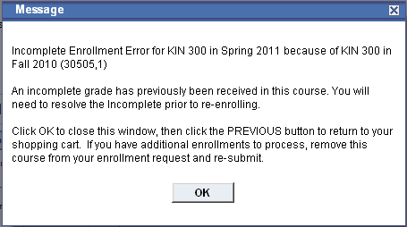 Screen shot of message indicating an incomplete grade was as