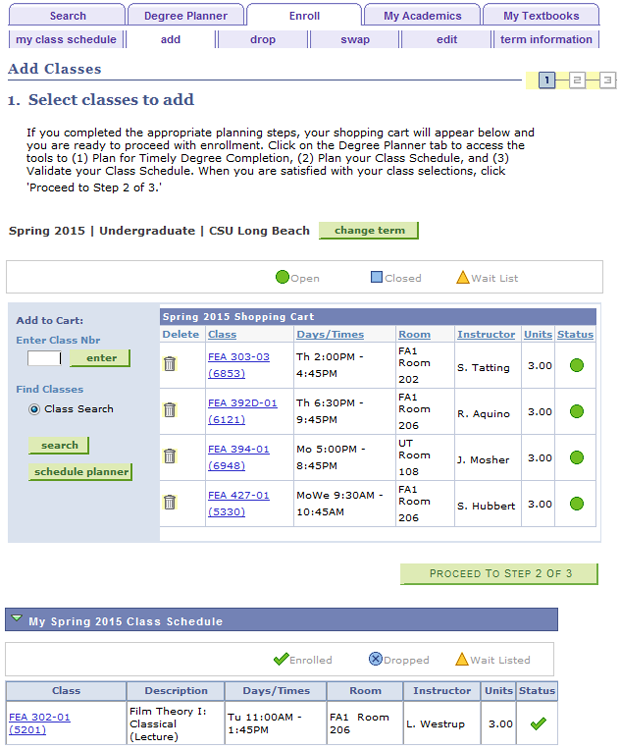 enroll3.png Screen shot of the Add subtab, displaying the students Shopp