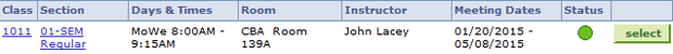 enroll5.png Screen shot of Class Search results, displaying the "Select