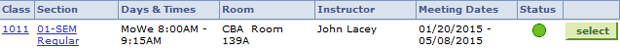 Screen shot of Class Search results, displaying the "Select 