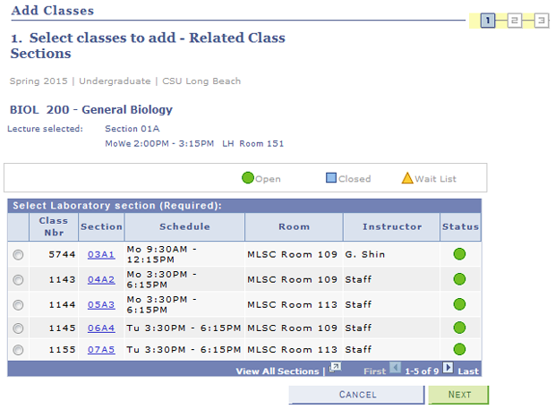 Screen shot of Class Search results for a course with relate
