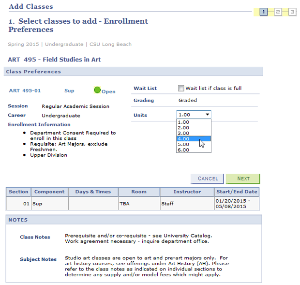 enroll7.png Screen shot of Class Search Results for a class with Enrollm