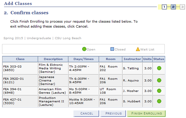 enroll8.png Confirm classes page