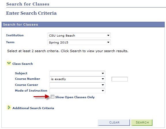 Screen shot of Class Search criteria