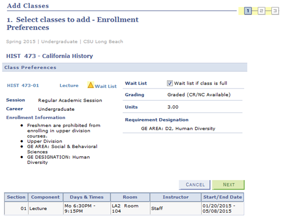 Screen shot of Enrollment Preferences for a Waitlisted class