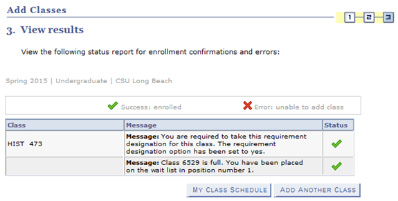 Screen shot of Enrollment Request status report, showing stu