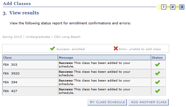 Screen shot of Enrollment Request status report