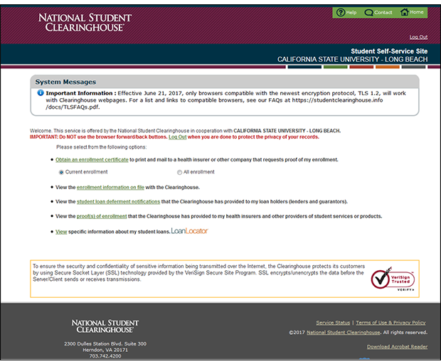 Student Self-Service site in National Student Clearinghouse