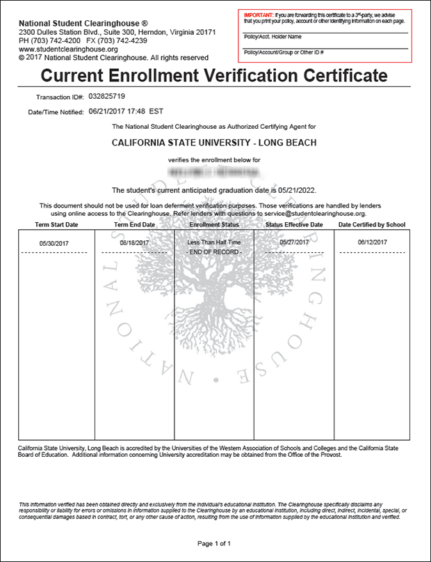  Enrollment Verification Certificate with current enrollment