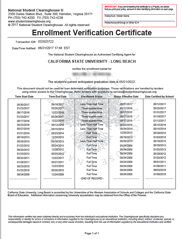 Enrollment Verification Certificate displaying all terms of 