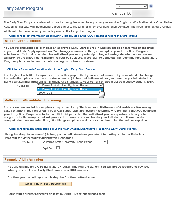 esid2.png Screen shot of Early Start Program page with drop down optio