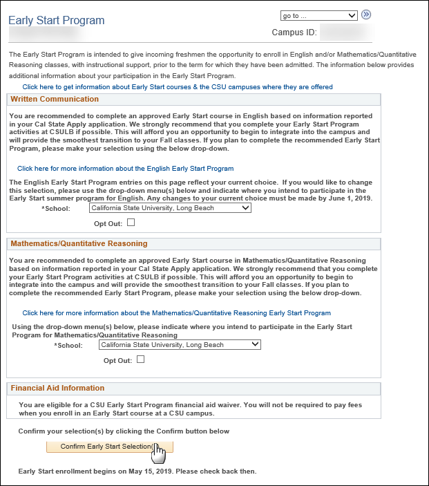 esid3.png Screenshot of Early Start Program page, pointing to Confirm