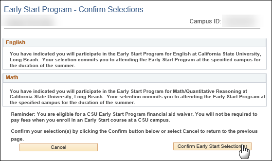 Screenshot Early Start Program - Confirm Selections page