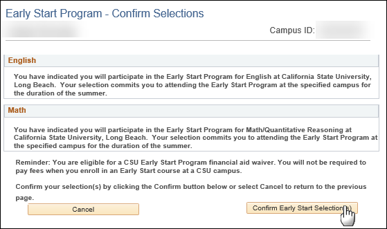 esid4.png Screenshot Early Start Program - Confirm Selections page