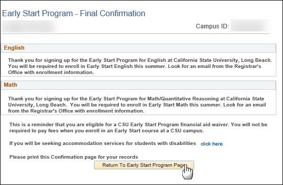 Screenshot Early Start Program - Final Confirmation of Parti