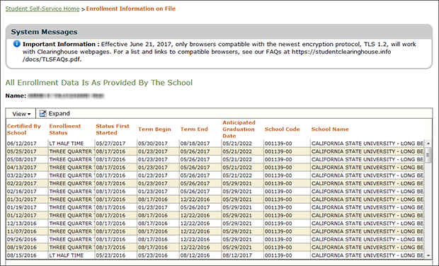 NSC list of data provided by CSULB