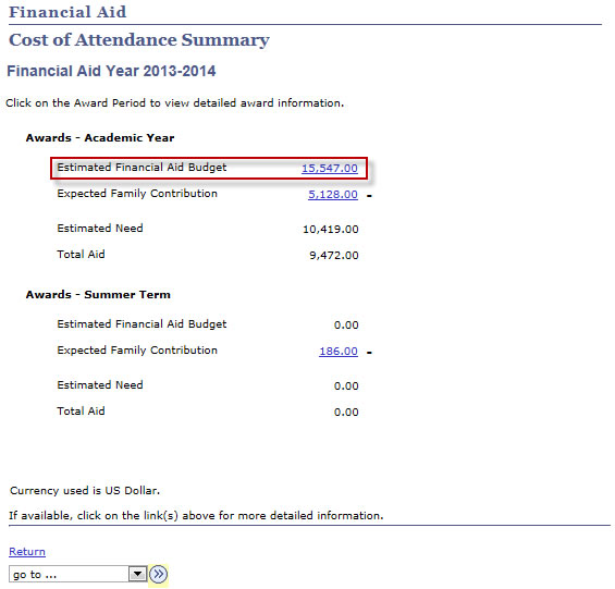 Financial Aid Summary with Scholarship Awards Screenshot