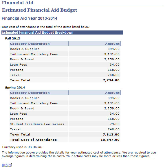 Screenshot of Cost of Attendance Summary