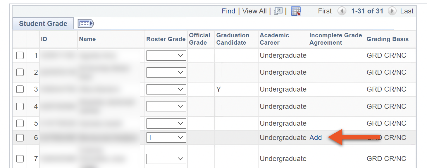faculty-center_incomplete-agreement_02.png Grade Roster with I grade selected and an Add link in the I