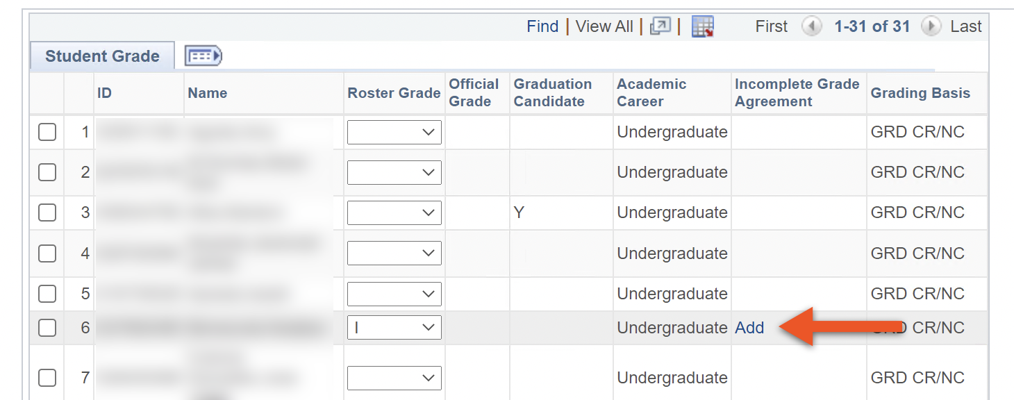 ​Grade Roster with I grade selected and an Add link in the I