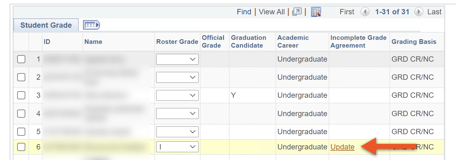 Grade Roster with Update link in Incomplete Grade Agreement 