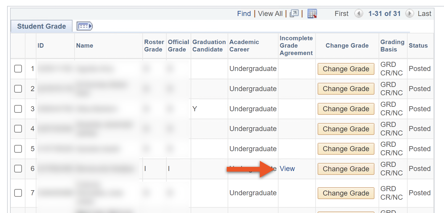 Grade Roster with View link in Incomplete Grade Agreement co