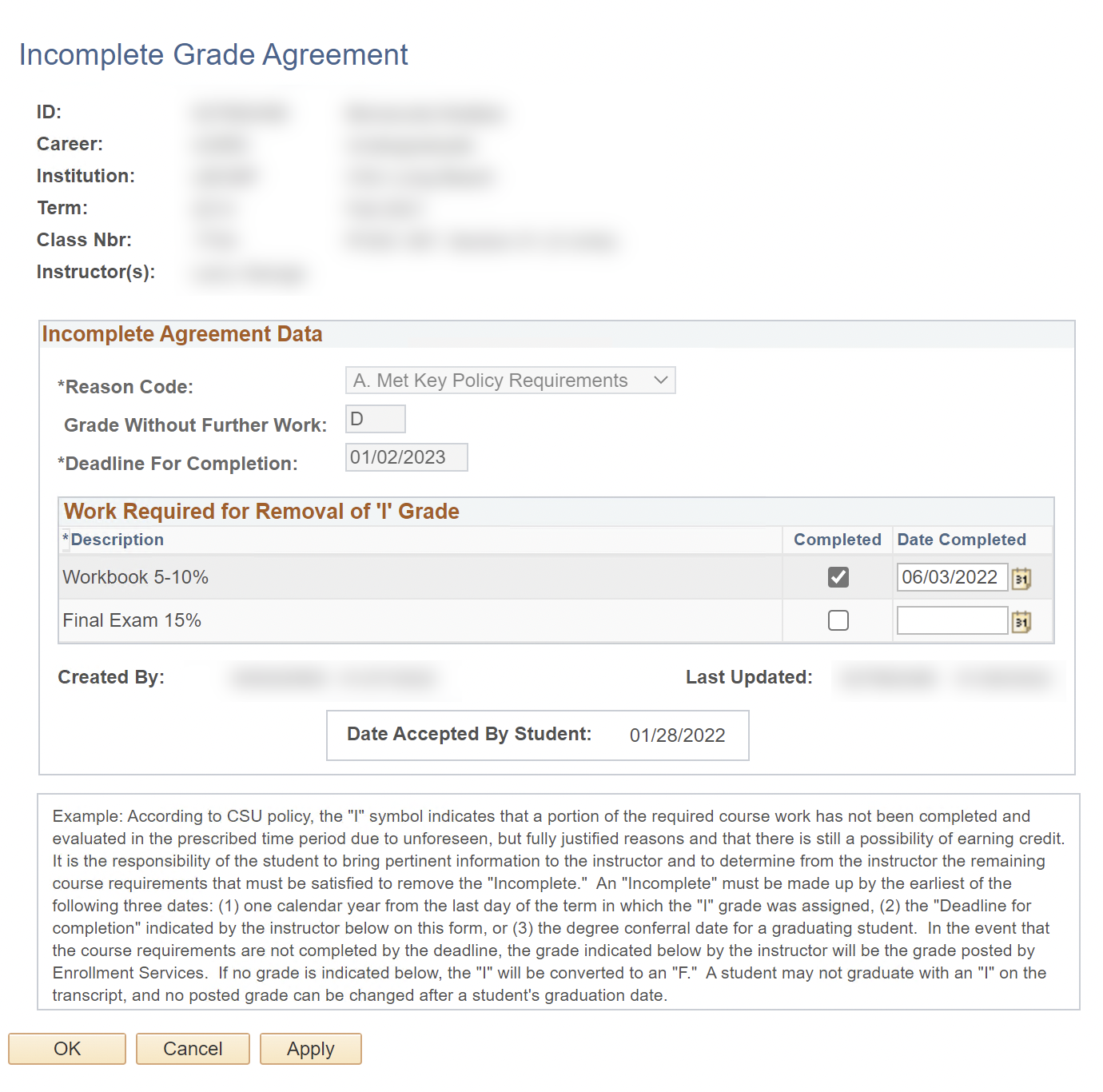 Incomplete Grade Agreement with first assignment marked as C