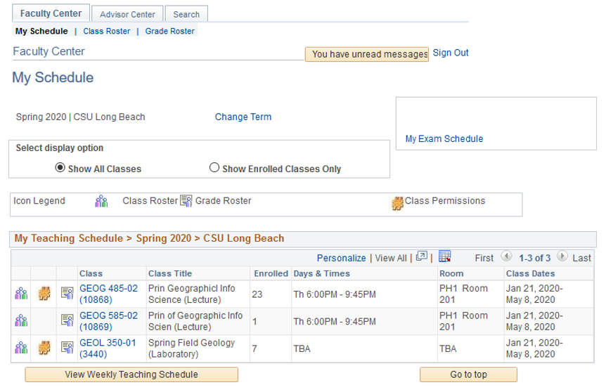 Screen shot of an instructor's teaching schedule in the Facu