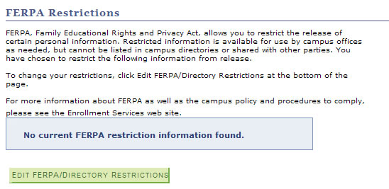 Screen shot of FERPA Restrictions Summary page