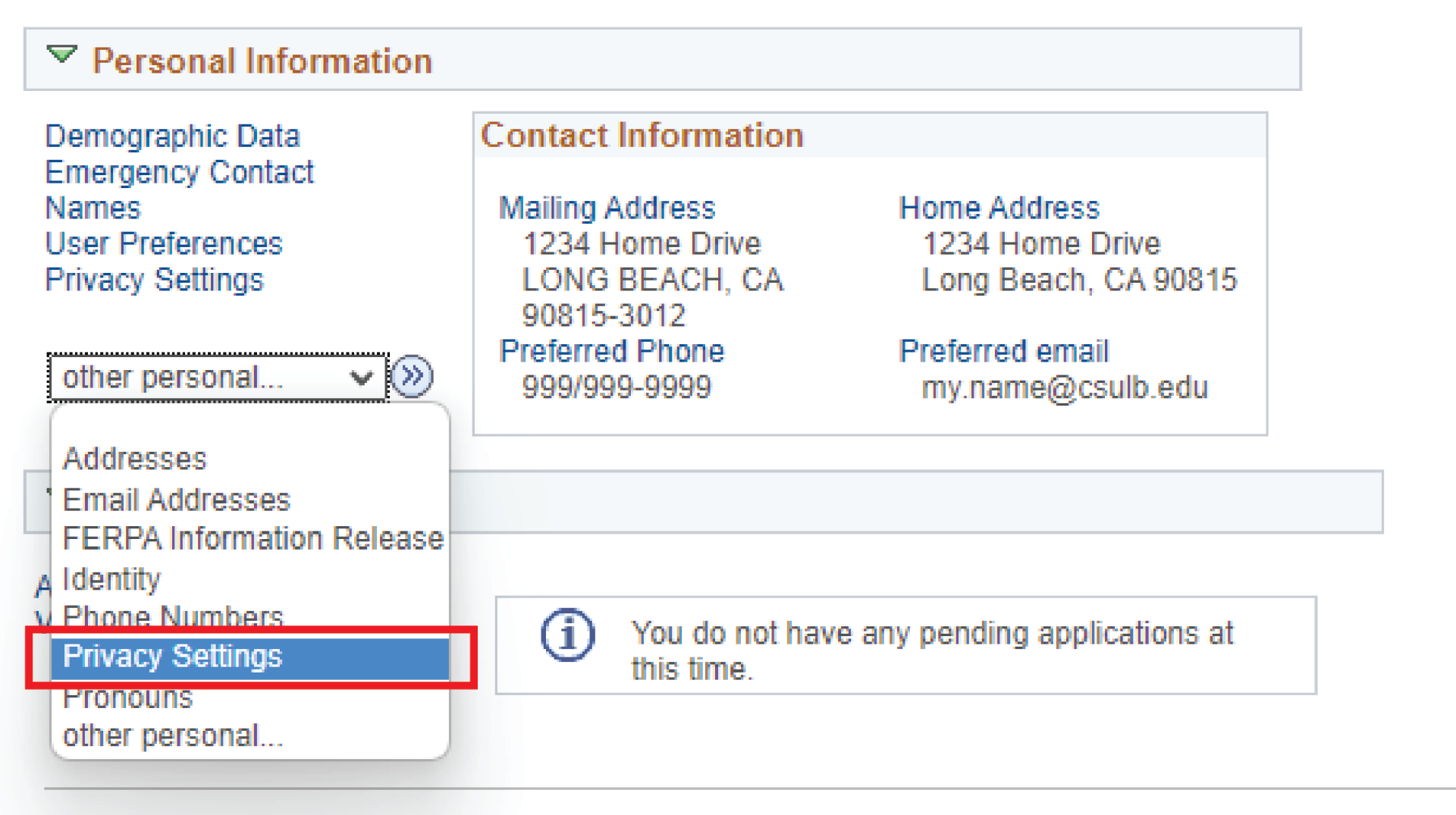 MyCSULB Student Center Privacy Settings Drop Down