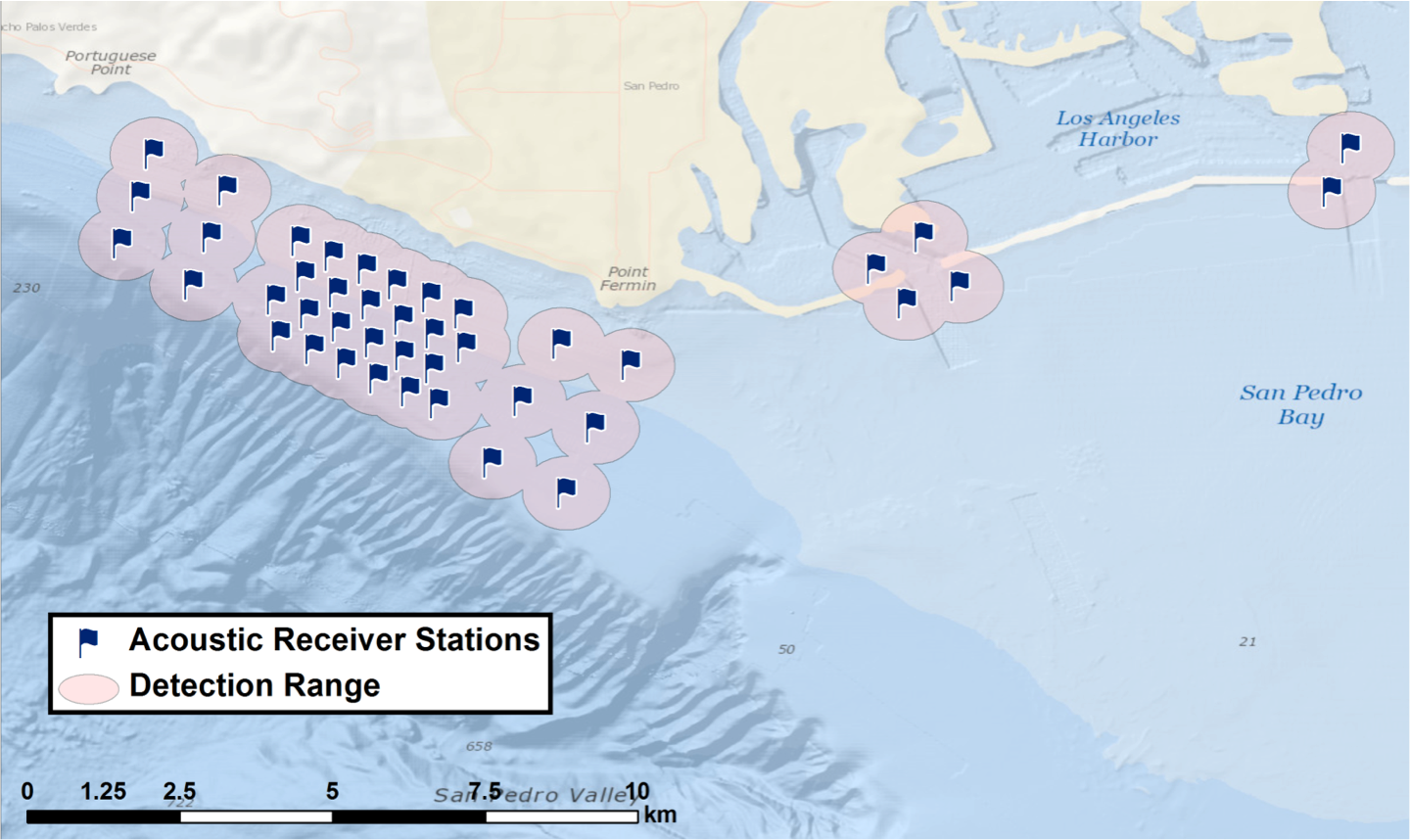 Fig. 4. map of San Pedro bay with acoustic receiver deployme