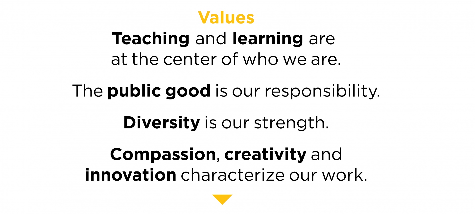 Values Teaching and learning are at the center of who we are. The public good is our responsibility. Diversity is our strength. Compassion, creativity, and innovation characterize our work.