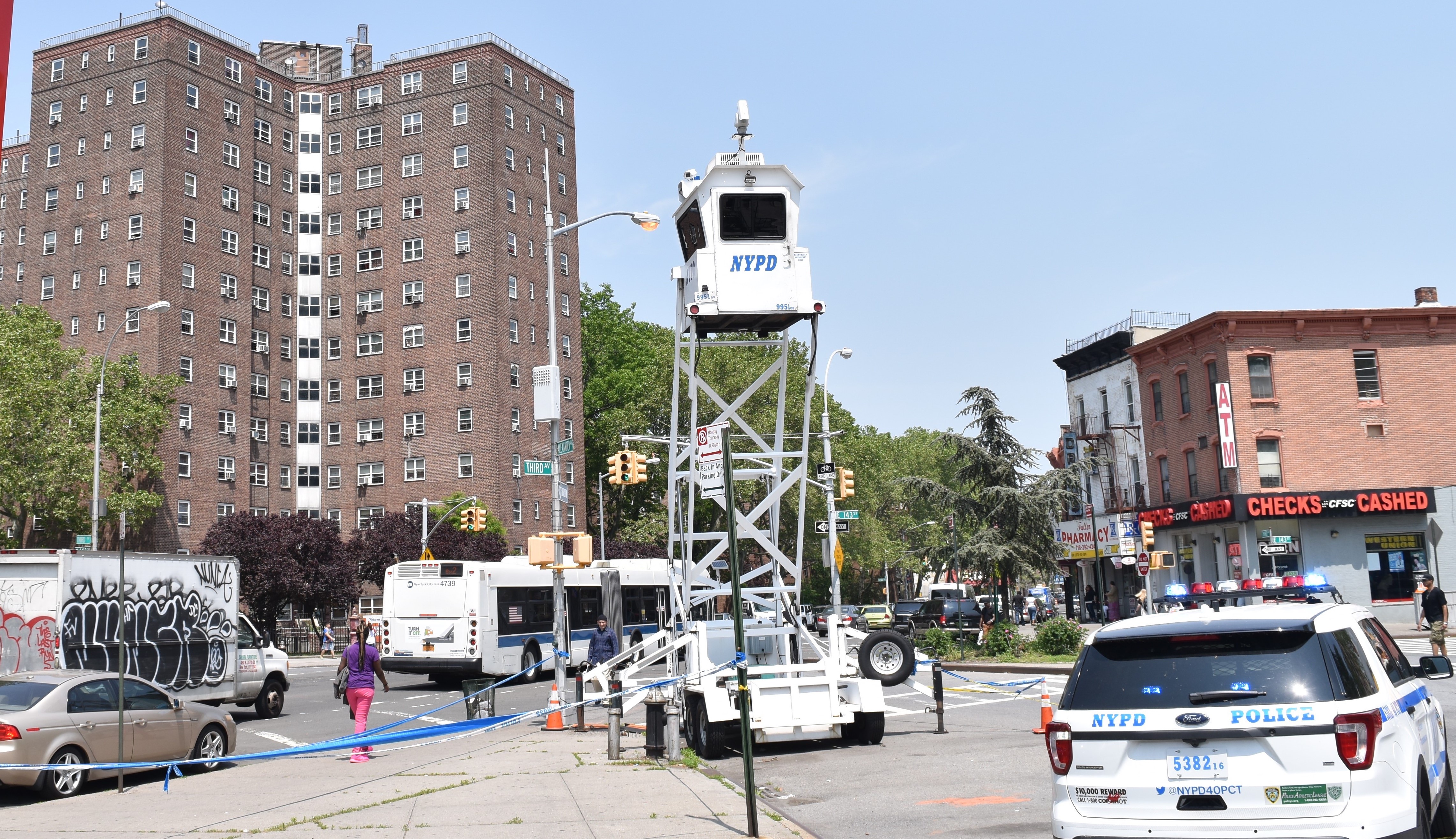 New York Police Department surveillance tower in the Bronx Image of New York Police Department surveillance tower in th