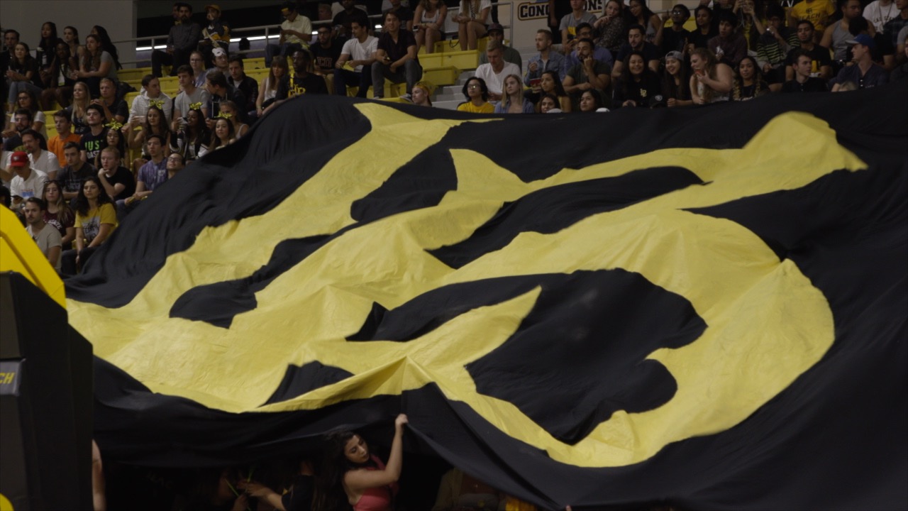 Student section in the Pyramid wave a massive LB flag.