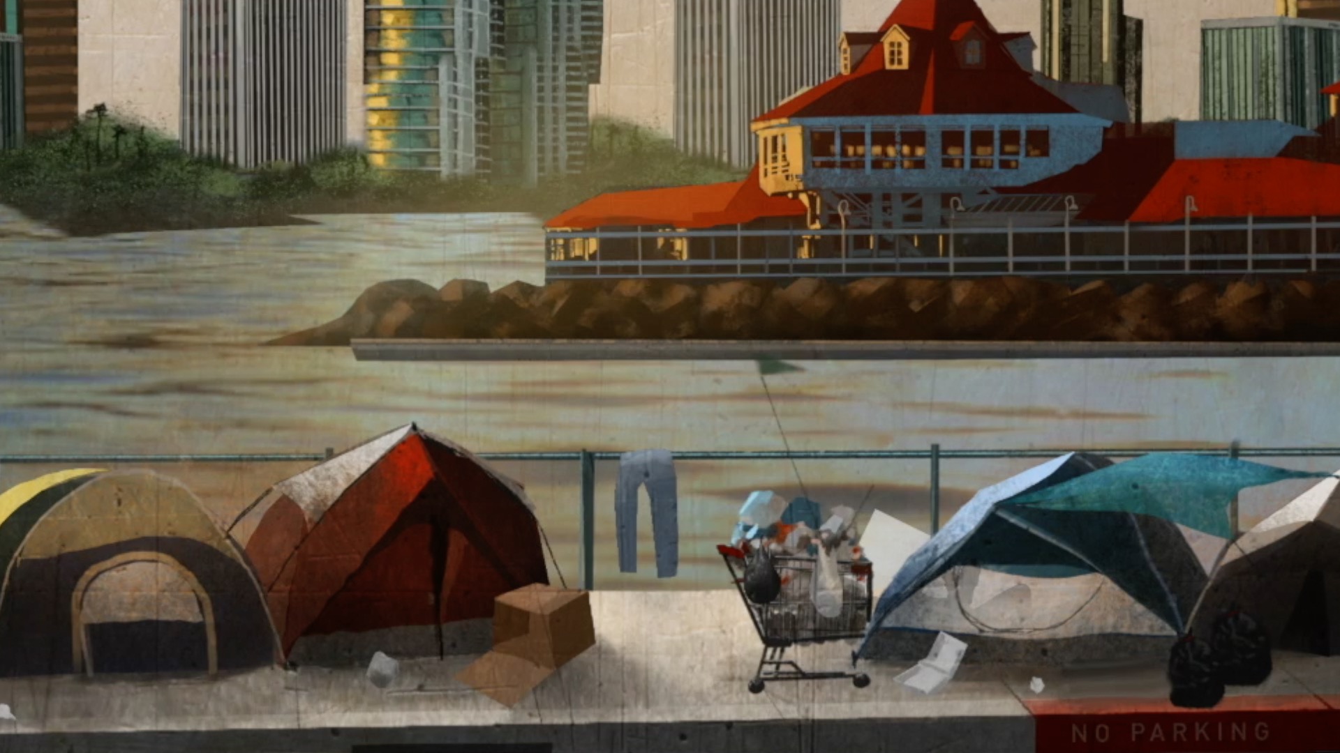 illustration of homeless encampment by Long Beach waterfront.