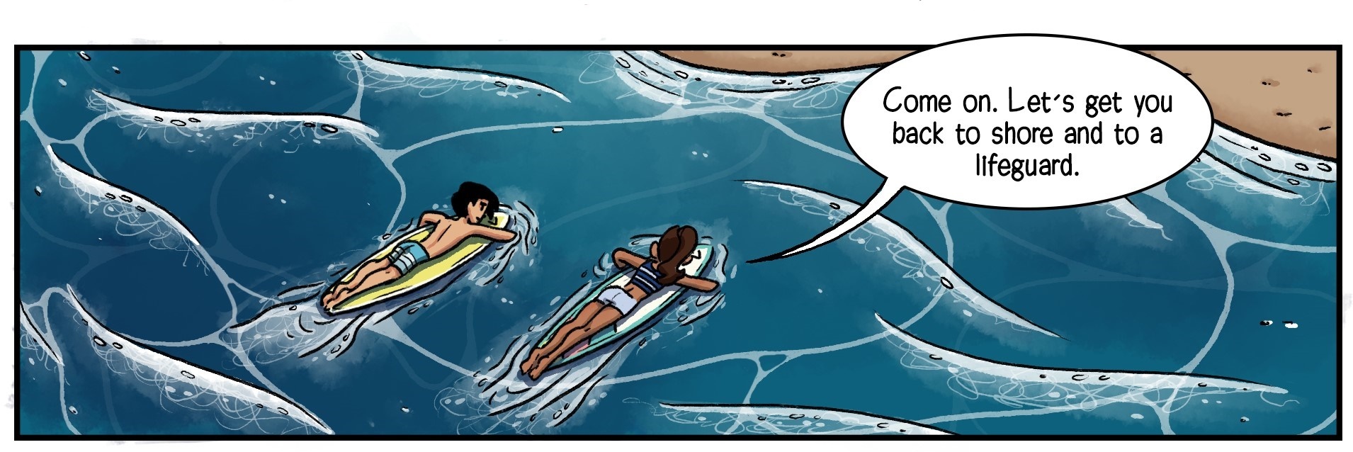 illustration-seajelly-sting.jpg people swimming to shore to tell lifeguard of sea jelly stin
