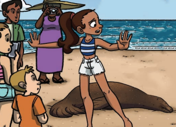woman keeping people away from a sick seal on a beach