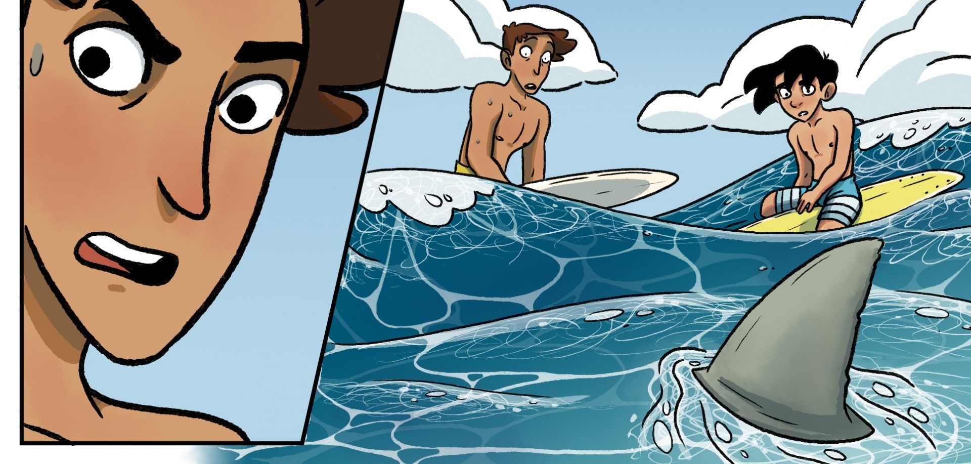 illustration-surfers-notice-shark.jpg surfers noticing a shark near them