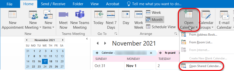 Select calendar button then open shared calendar