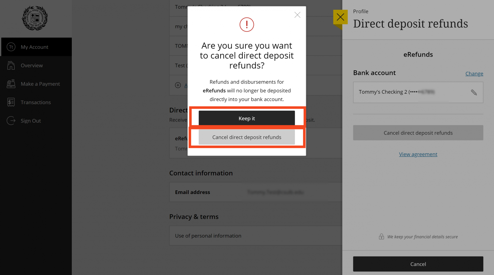 Select Keep or Cancel Direct Deposit e-Refund